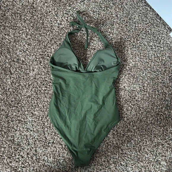 Green Halter One-Piece Swimsuit, side scrunch for tummy control - Picture 2 of 2